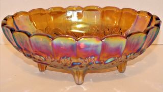 Vintage Indiana Glass Iridescent Amber Oval Footed Bowl Embossed Fruit