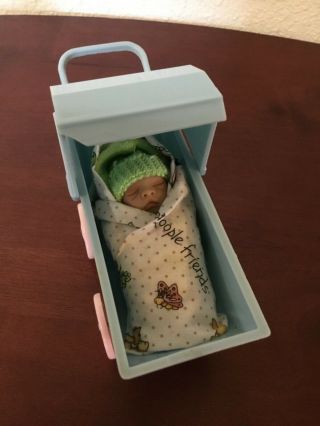 Ooak Polymer Clay Bundled Baby In Blanket W/ Green Hat & Vtg Best Baby Buggy