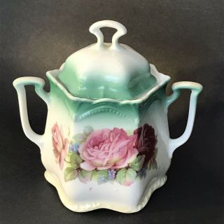 Vintage Porcelain Sugar Bowl & Lid,  Germany,  5 1/2 ",  Pink Roses,  Green,  White
