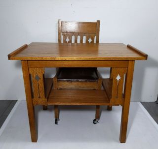 Set Antique Mission Arts & Crafts Library Writing Desk Table W/ Chair - Oak Wood