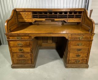 Antique 19th Century Oak “s” Rolltop Desk Stamped Commonwealth Of Mass Gorgeous