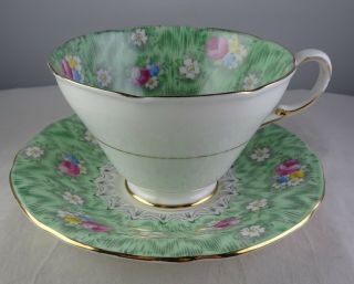 Vintage Paragon China Tea Cup & Saucer Green Silver Trim Multi - Colored Floral