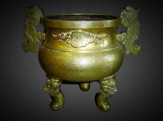 Antique Chinese Qing Bronze Tripod Incense Burner Censer Dragon Handle Signed. 2