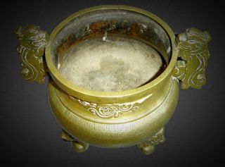 Antique Chinese Qing Bronze Tripod Incense Burner Censer Dragon Handle Signed. 3