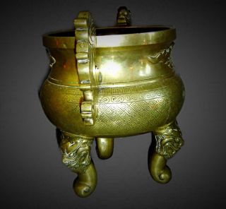 Antique Chinese Qing Bronze Tripod Incense Burner Censer Dragon Handle Signed. 6