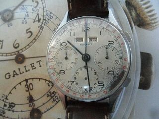 Vintage 1940 ' s S/S Gallet Triple Date 3 Register Swiss Chronograph Watch 4 REP. 2