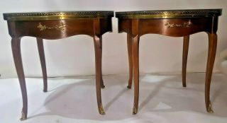Baker French Louis Xv Style Brass Mounted With Gallery Bouillotte Tables Pair