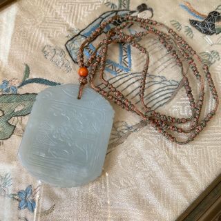 Vintage Jade Necklace Hand Knotted Carved Plaque Wood Bead Marks Symbols Scenic
