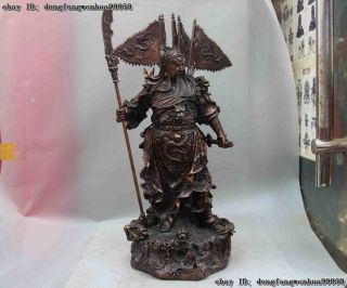 Chinese Copper Bronze Stand Dragon Guan Gong Yu Hold Knife Warrior God Statue