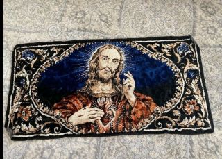 Vintage Velvet Wall Tapestry Hanging Rug Jesus Sacred Heart Small 37 " X 19 "