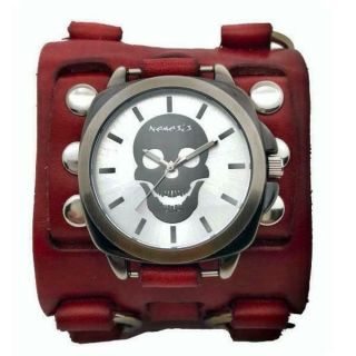 Rwb935s Skull Watch With Red Detail 3 Strip Leather Cuff Band