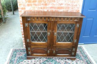 English Oak Jacobean Leaded Glass Door Bookcase / Display Cabinet 3