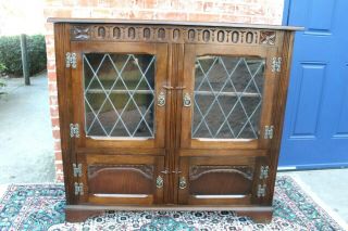 English Oak Jacobean Leaded Glass Door Bookcase / Display Cabinet 5