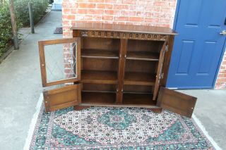 English Oak Jacobean Leaded Glass Door Bookcase / Display Cabinet 6