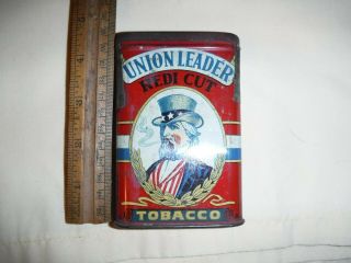 Union Leader Pocket Tobacco Tin,  " Uncle Sam " Black Lettering 1917 (?) Tax Stamp