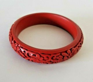 Vintage Old Chinese Cinnabar Carved Red Floral Flower Design Bangle Bracelet