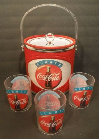 Vintage Coca - Cola Ice Bucket And Three Plastic Glasses Coke Drinks Bar Soda Pop