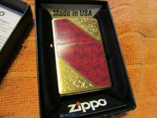 Luxury Red/gold Scroll Brushed Brass Zippo Lighter W/case