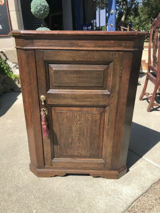 Antique Dark Oak Corner Cupboard Cabinet With Lock And Key