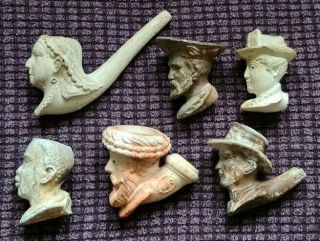 Selection Of 6 Different Figural Victorian Clay Tobacco Pipe Bowls