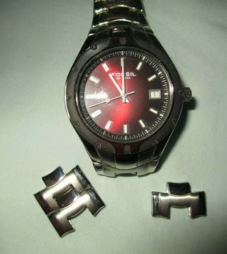 Vintage Fossil Watch 100 Meters Stainless Steel Burgundy Dial Rare Am - 4056