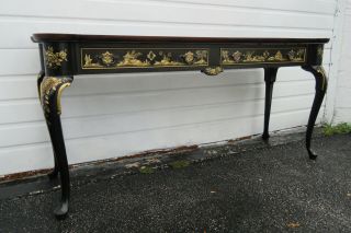 Vintage Oriental Asian Black Chinoiserie Console Library Table Tv Stand 1356