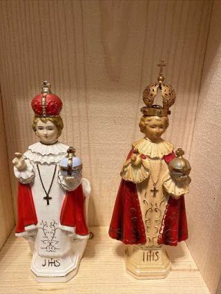 (2) Vintage Infant Of Prague Jesus Statue Figurines Jeweled Crown & A Planter