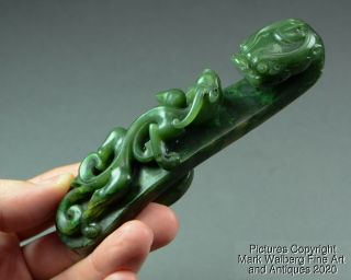 Large Chinese Spinach Jade Dragon Head Belt Hook,  18th To 19th Century