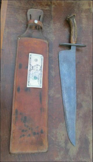 Huge 25 " Antique Custom Hand - Forged Bowie Knife Sword W/stag & 3 Hearts W/h Logo