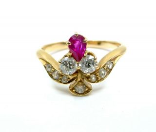 Antique Victorian Tiara Ruby Diamond 18k Gold Ring - - English