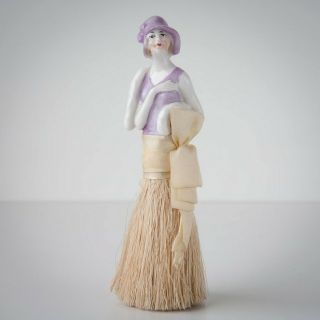 Vintage Art Deco German Half Doll Flapper W/ Hat Porcelain Clothes Brush