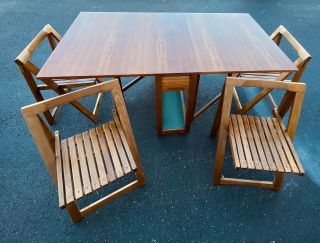 Mid Century Danish Modern Dining Table Drop Leaf Walnut Folding Chairs