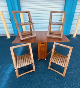 Mid Century Danish Modern Dining Table Drop Leaf Walnut Folding Chairs 2