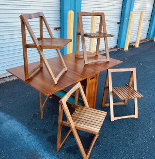 Mid Century Danish Modern Dining Table Drop Leaf Walnut Folding Chairs 3