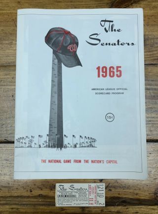 Vintage 1965 Washington Senators Baseball Program Vs.  Detroit Tigers W/ Ticket