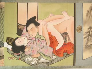 Antique Japanese Edo Era (c.  1840) Shunga 12 Hand Painted Erotic Scenes 12 