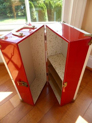 Vtg Red Metal Doll Steamer Trunk Wardrobe Carrying Case 1960 