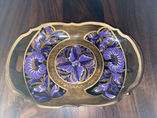 Mexican Folk Art Hand Painted Wooden Oval Tray Purple Flower Gold Wood Vintage