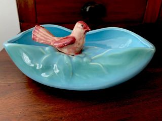 Vintage Mccoy Pottery Aqua Blue Oval Bowl W/ Pink Bird Console Bowl Dish Planter