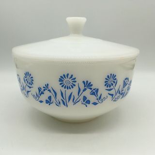 Federal White Milk Glass 2 1/2 Quart Bowl With Lid,  Blue Flowers Vintage