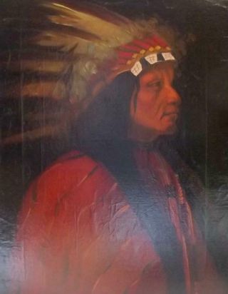 Antique NATIVE INDIAN Portrait Oil Painting of FIRST NATION CHIEF Canadian? 2