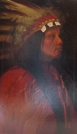 Antique NATIVE INDIAN Portrait Oil Painting of FIRST NATION CHIEF Canadian? 3