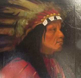 Antique NATIVE INDIAN Portrait Oil Painting of FIRST NATION CHIEF Canadian? 4