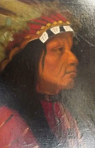 Antique NATIVE INDIAN Portrait Oil Painting of FIRST NATION CHIEF Canadian? 5