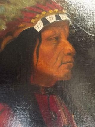 Antique NATIVE INDIAN Portrait Oil Painting of FIRST NATION CHIEF Canadian? 6