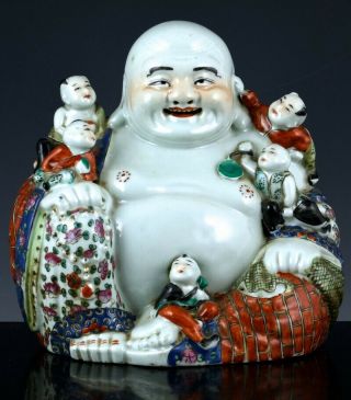 Antique Chinese Famille Rose Enamel Happpy Buddha Boys Porcelain Figure Seal