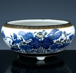 Large 19thc Chinese Blue White & Copper Red Lotus Pond Porcelain Censer Bowl