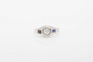 Antique 1920 $4000 1ct Vs G Diamond Blue Sapphire 18k White Gold Mens Band Ring