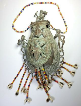 Antique West African Bronze Medicine Jewelry Purse Bag Figural Beads Nigeria