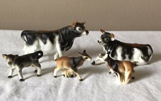 Vintage Matte Bone China Miniature Black And White Cow Figurines Japan